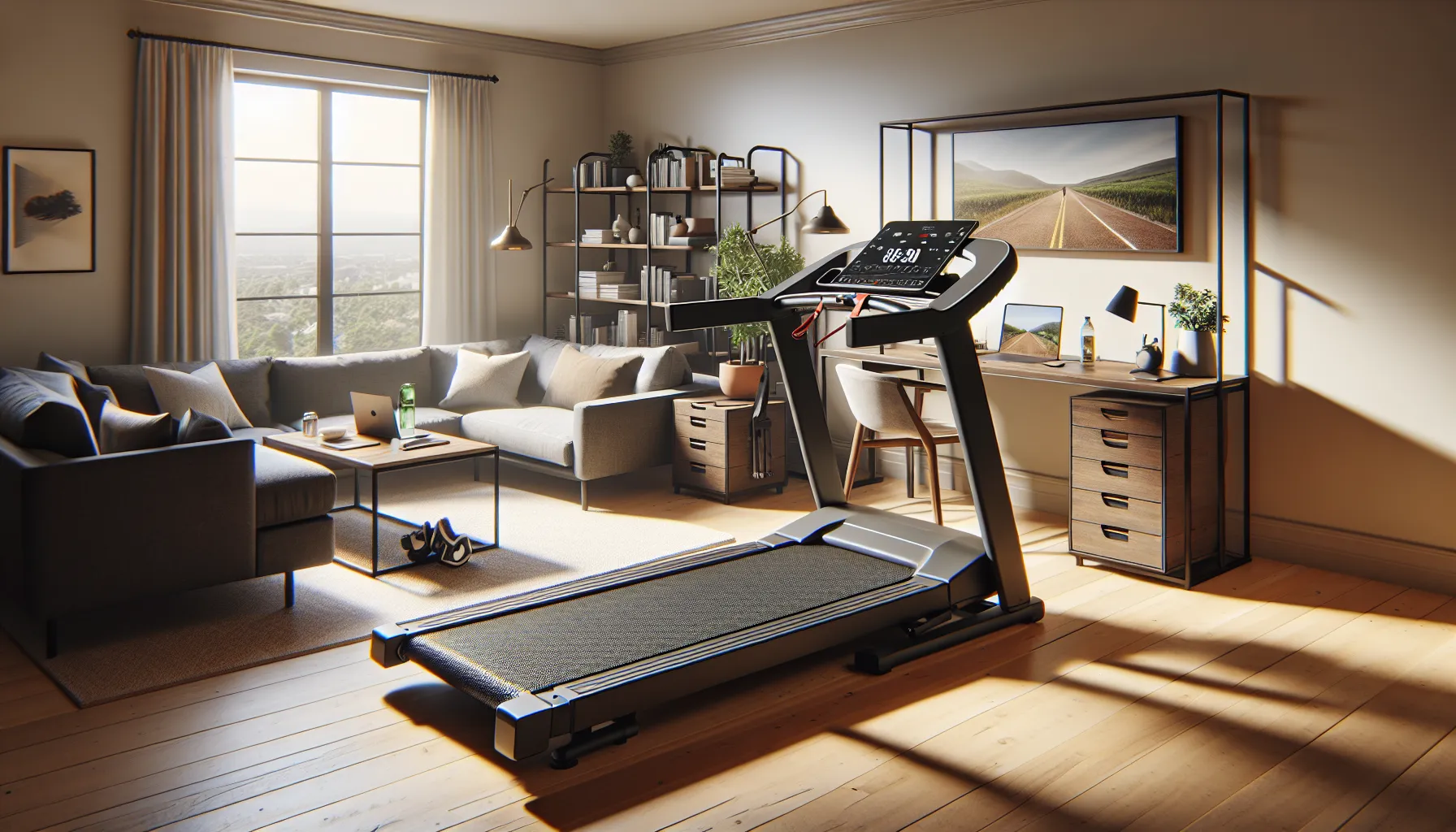 Sunlit home shows mid-tier folding treadmill with budget pad and premium folded model.