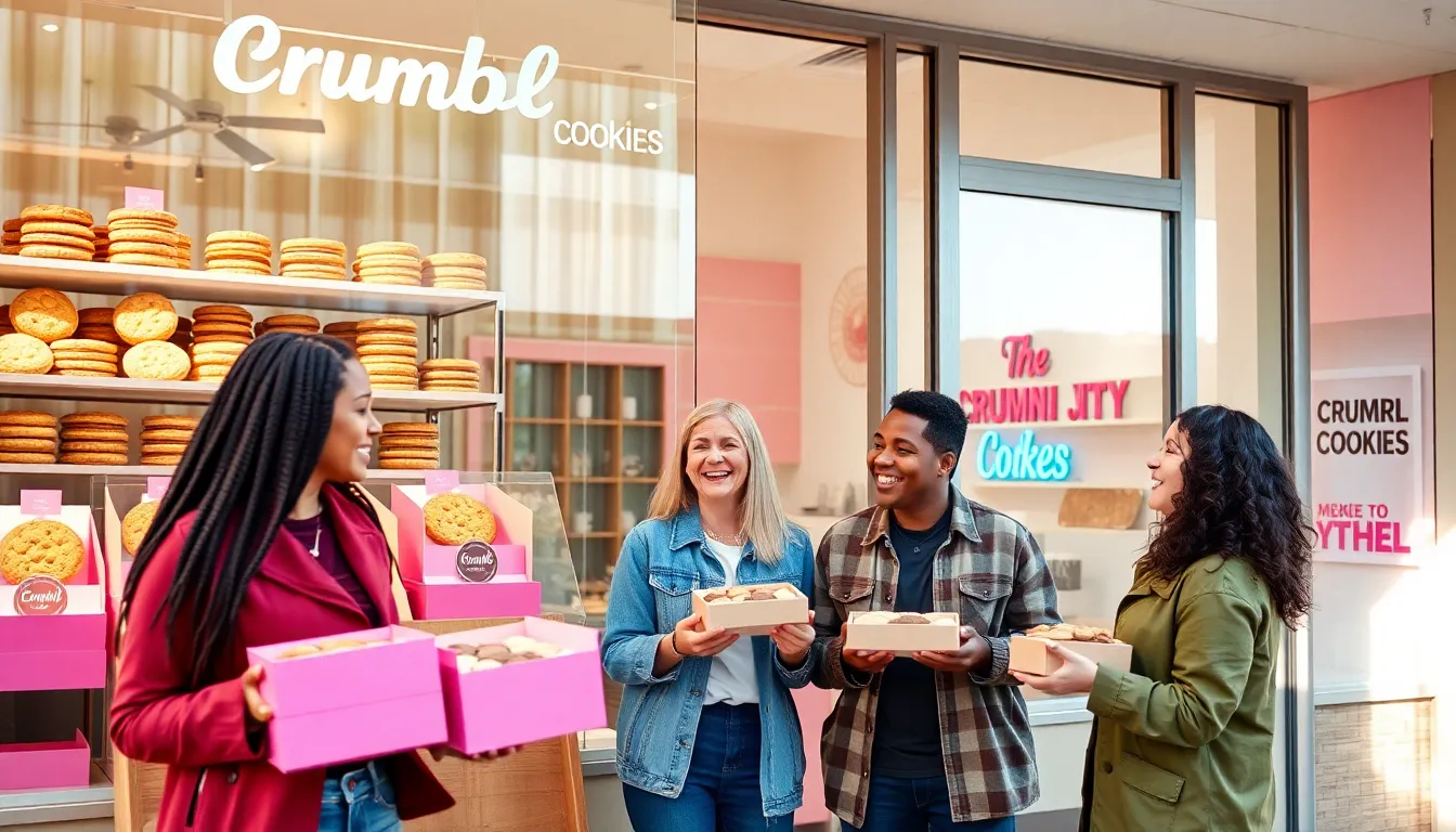 people enjoying Crumbl Cookies outside a bright storefront.