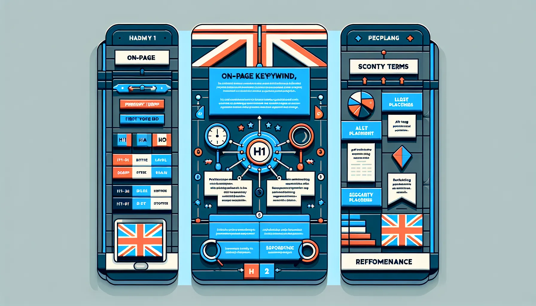 Infographic on UK HTML SEO keyword mapping, placement, and mobile accessibility.