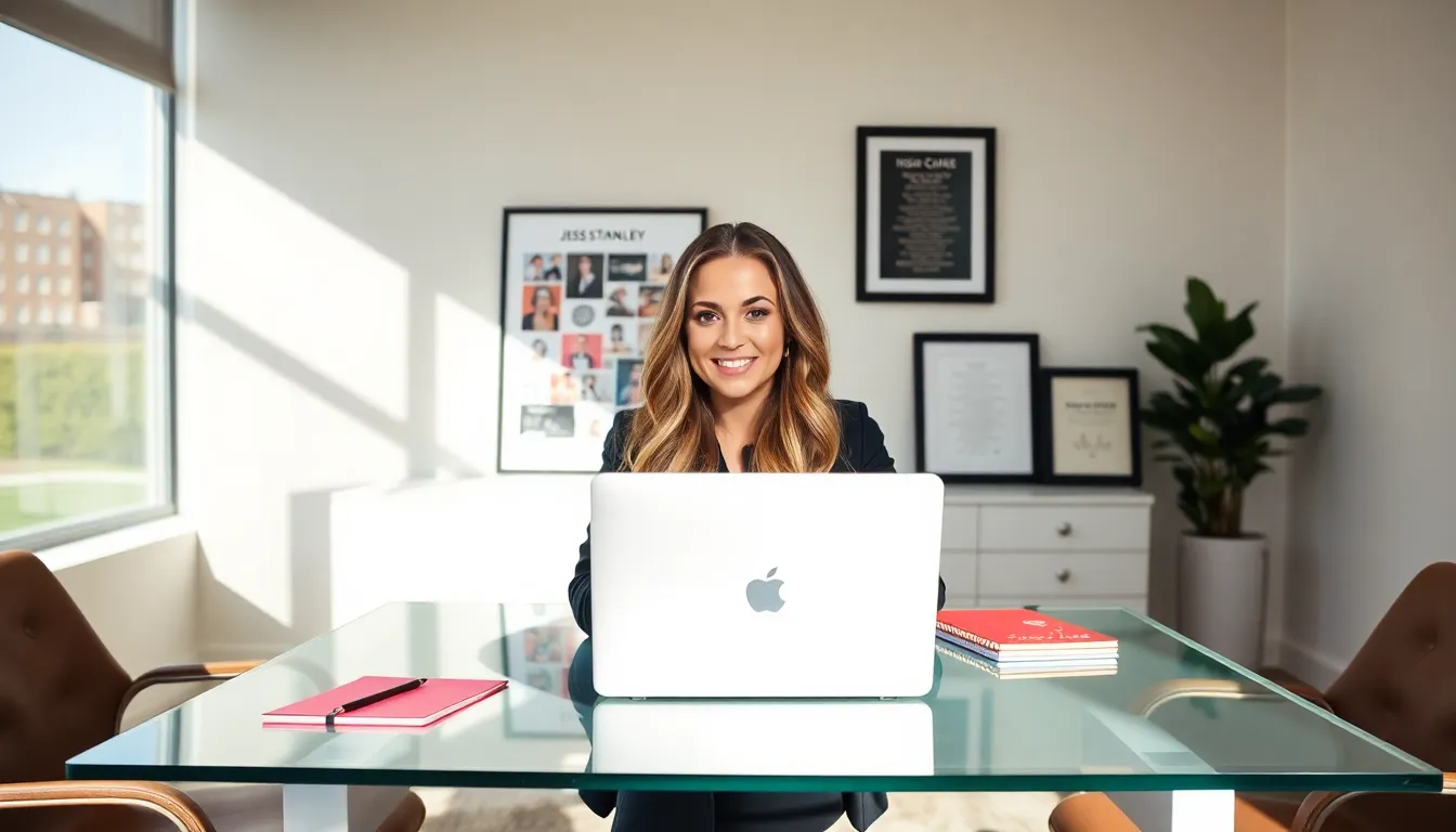 JessStanleyXO in a modern office, showcasing her brand and creativity.