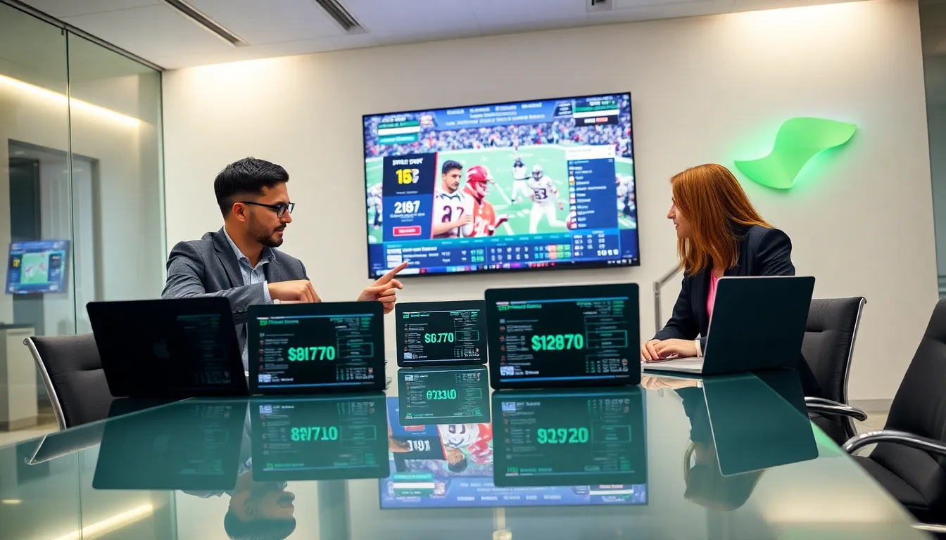 diverse team collaborating in a modern sports betting office.