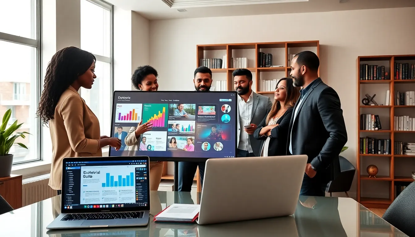 diverse team collaborating in a modern digital media office.