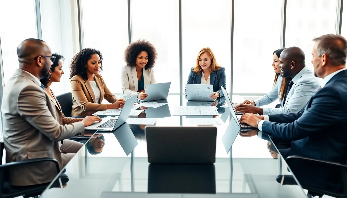 business professionals discussing tax strategies in a modern office.