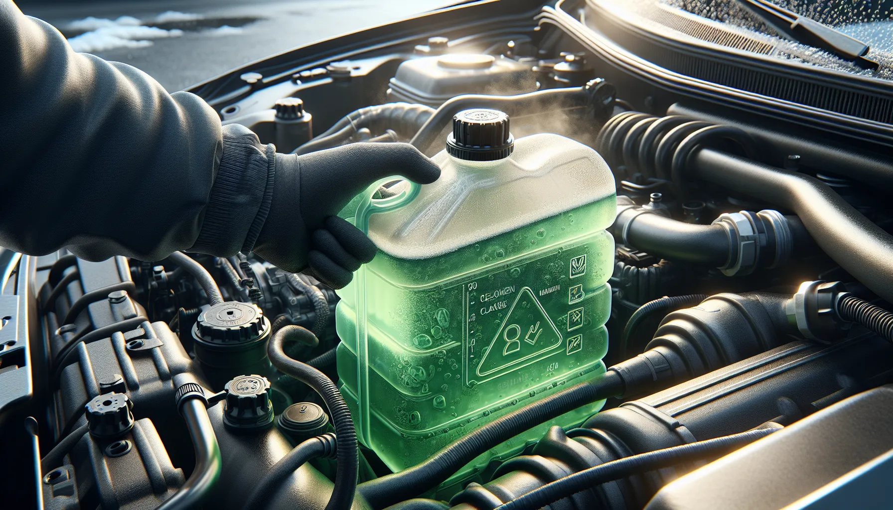 Close-up of a driver checking green coolant level in a car engine bay.