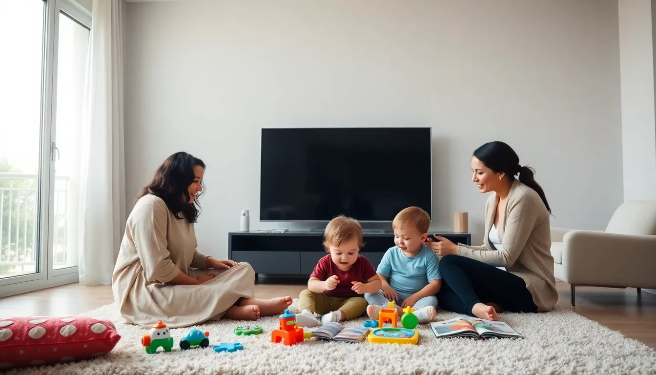 family engaging in screen-free play in a cozy living room.