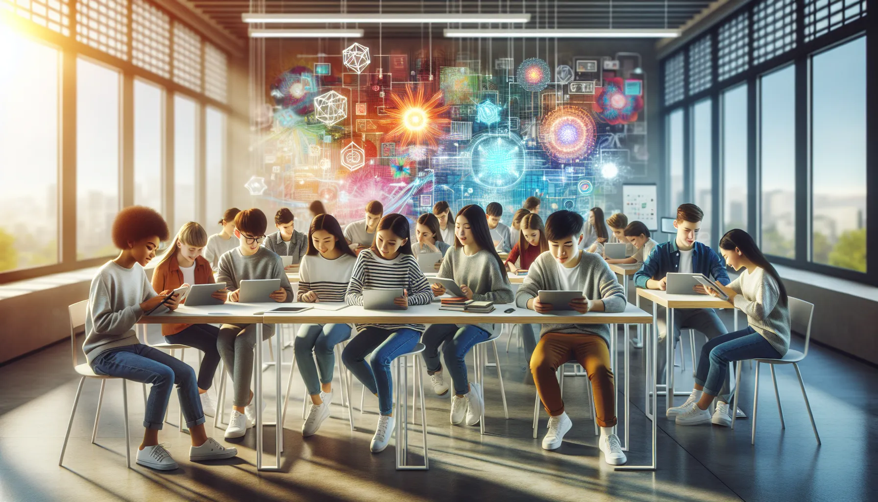diverse students collaborating in a modern classroom with digital tools.