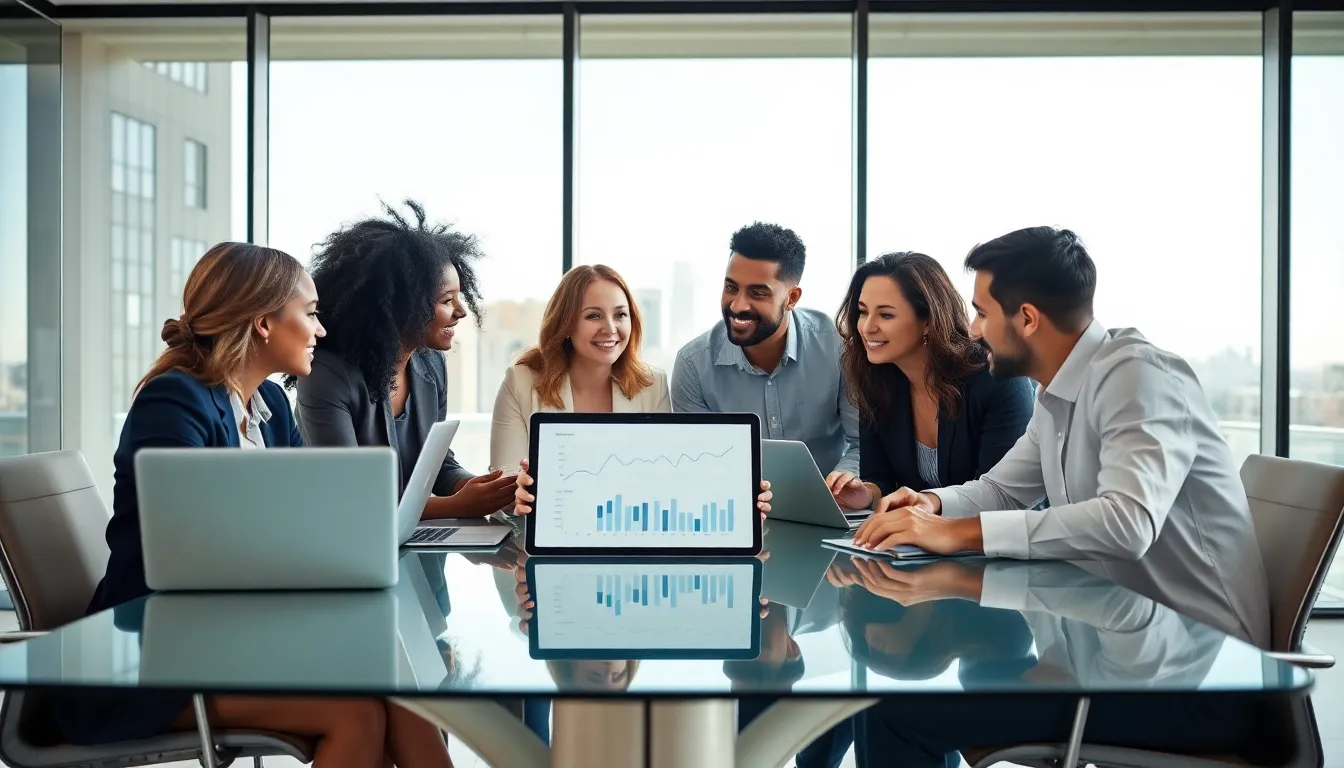 diverse team discussing online business strategies in a modern office.