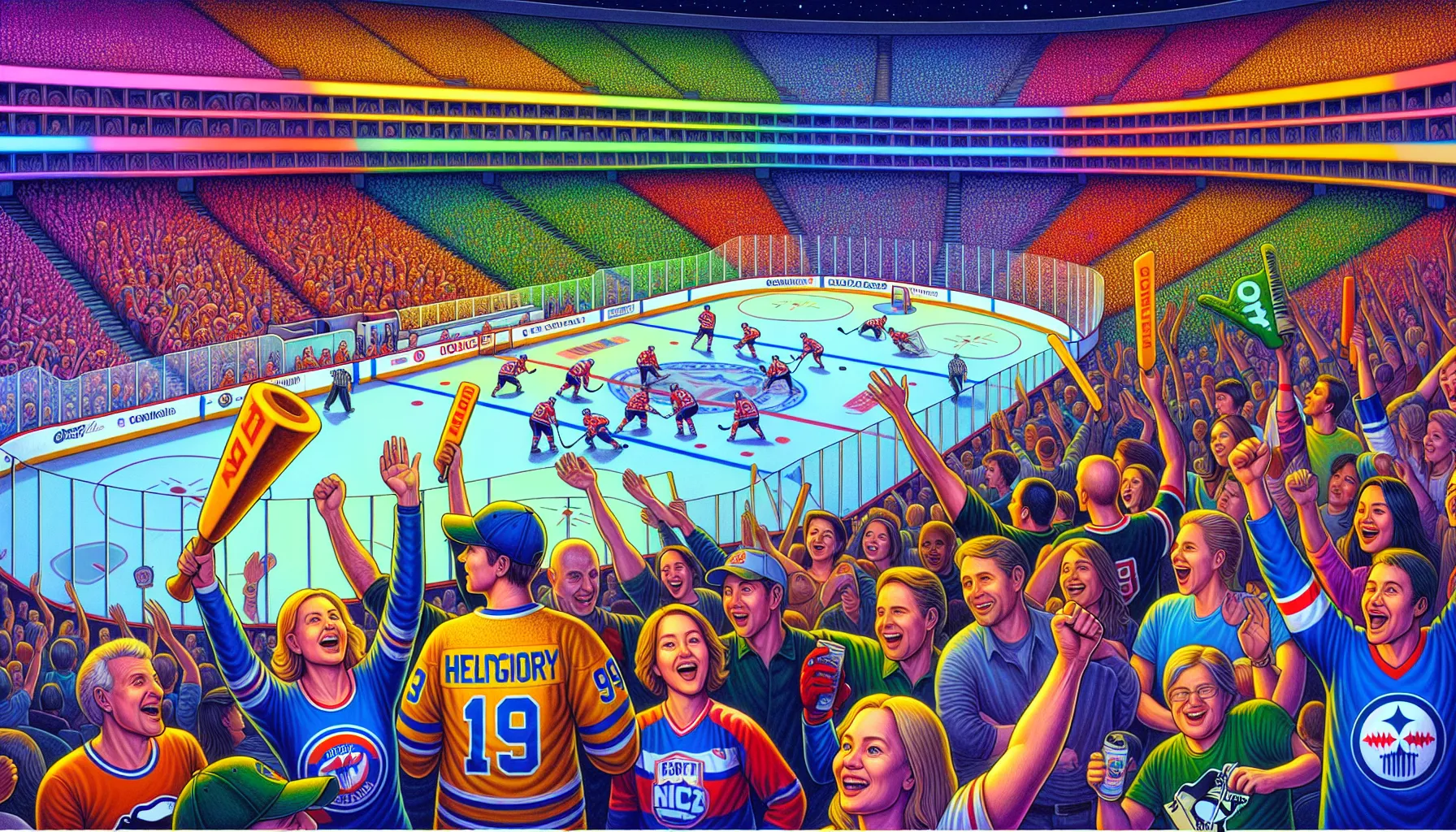 diverse hockey fans celebrating in a lively arena.