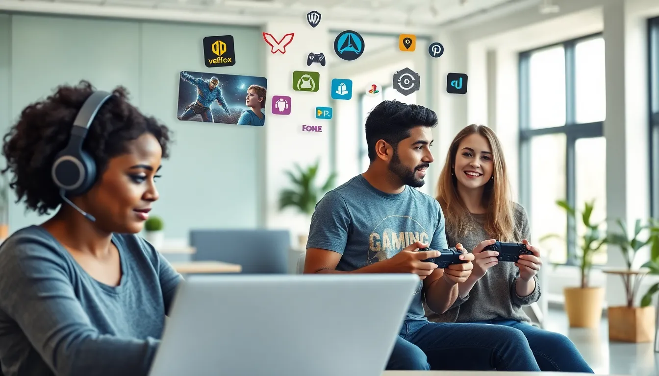 diverse team engaging in gaming discussions in a modern office.