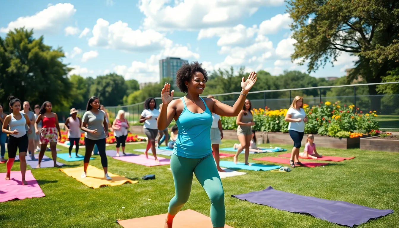 A diverse group participating in a community wellness event in a park.