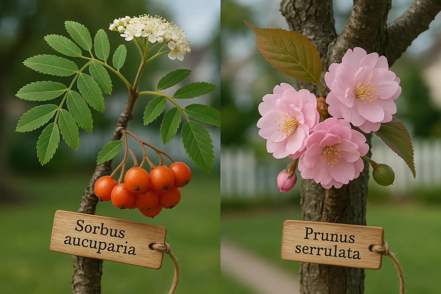 close-up comparison of rowan branch with berries and cherry branch with pink blossoms