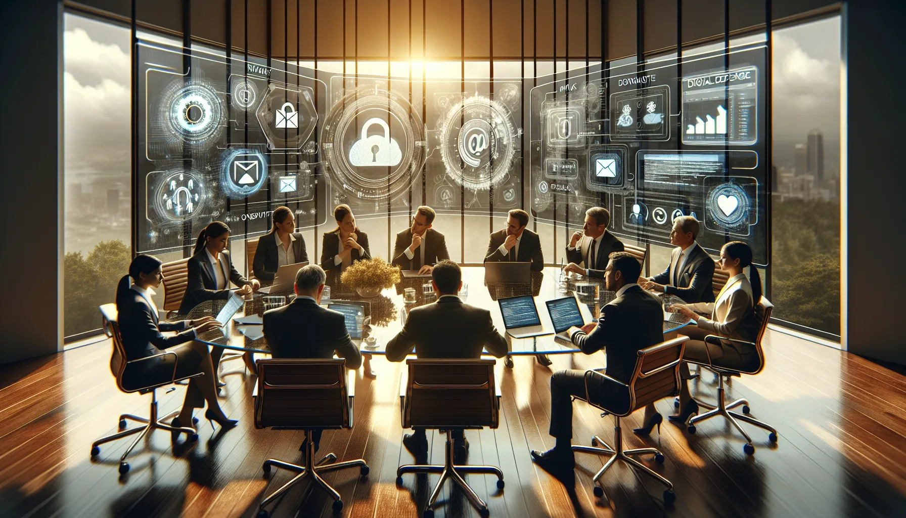 diverse professionals discussing email privacy in a modern office.