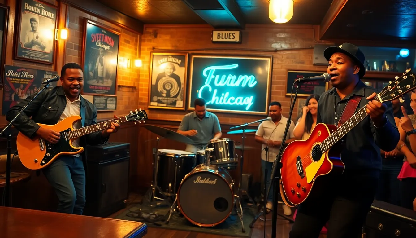 musicians performing 'Sweet Home Chicago' in a cozy bar.