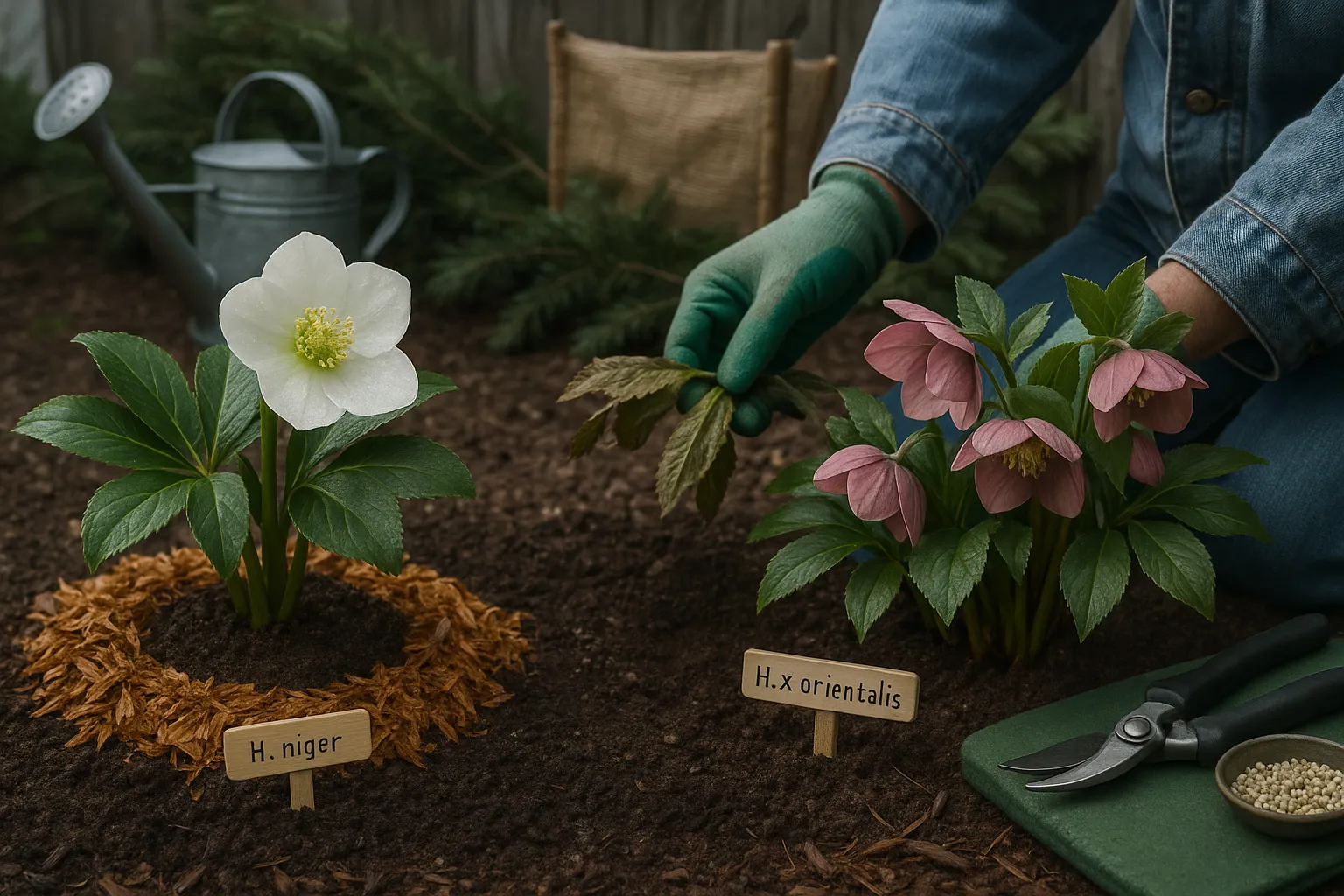 Two hellebores planted side-by-side with mulch, soil, and gardening tools.