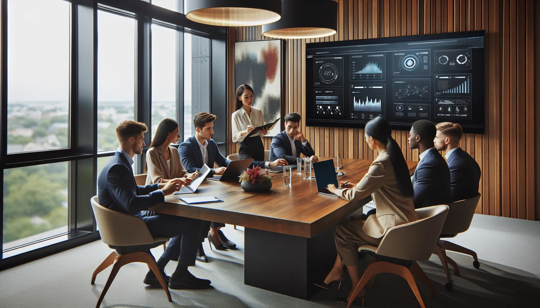 IT team discussing network security in a modern office.