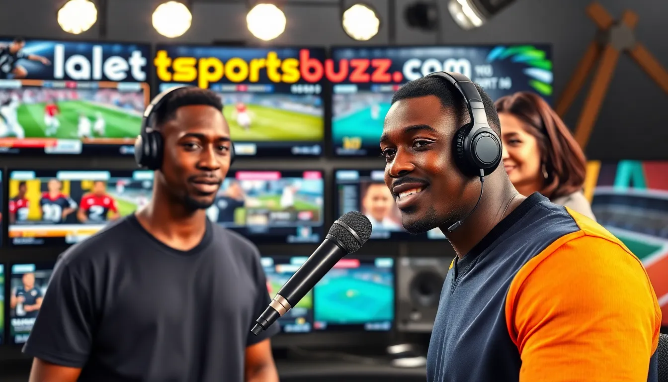 A diverse sports newsroom with hosts discussing live sports updates.