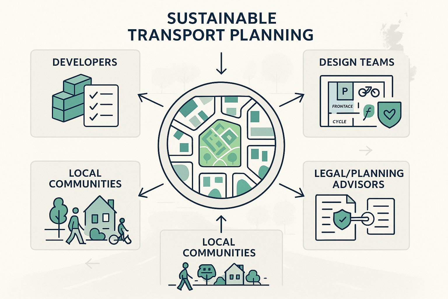 Infographic showing how sustainable transport planning benefits key groups in the UK.