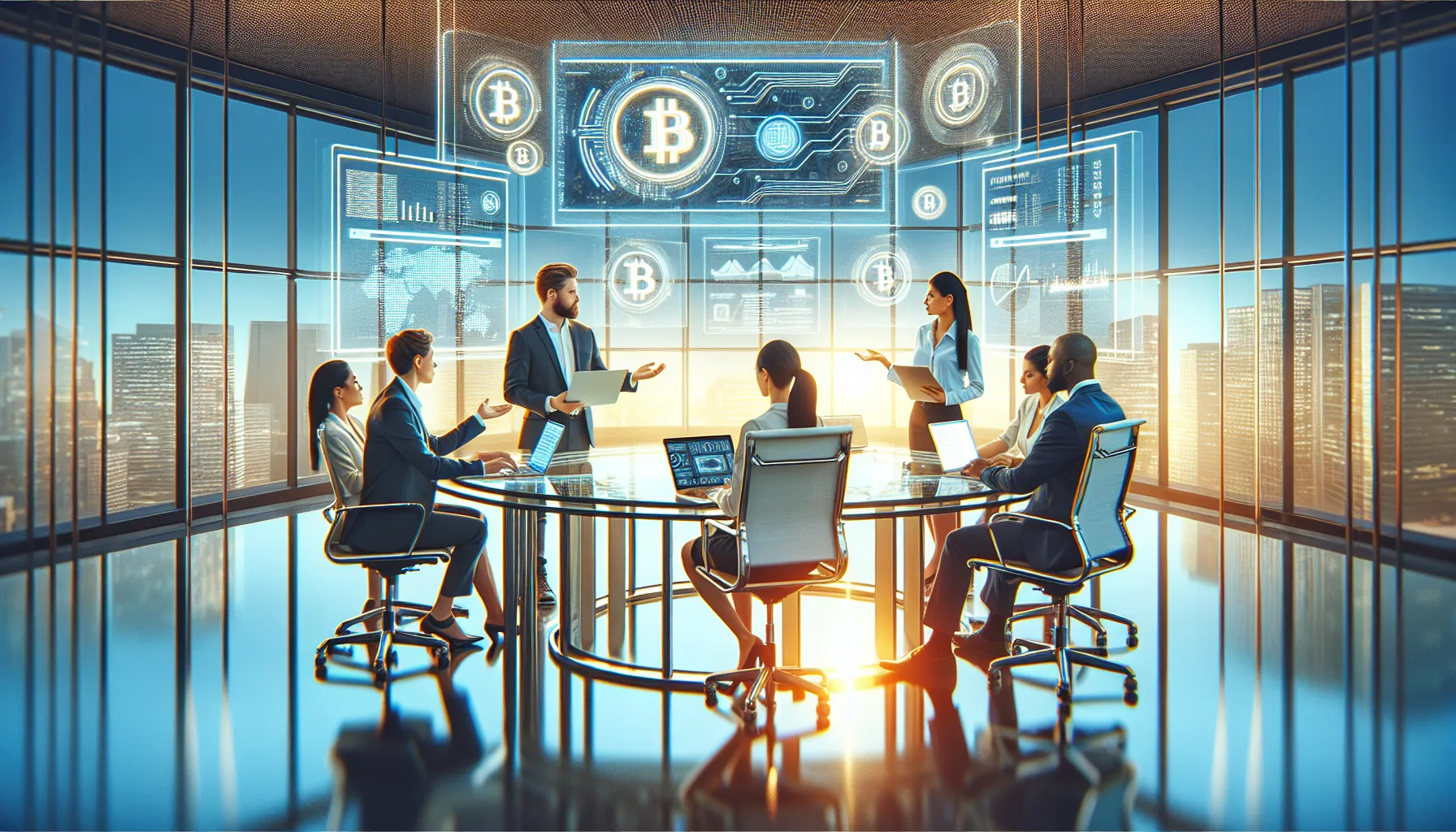 diverse professionals discussing Bitcoin transactions in a modern office.