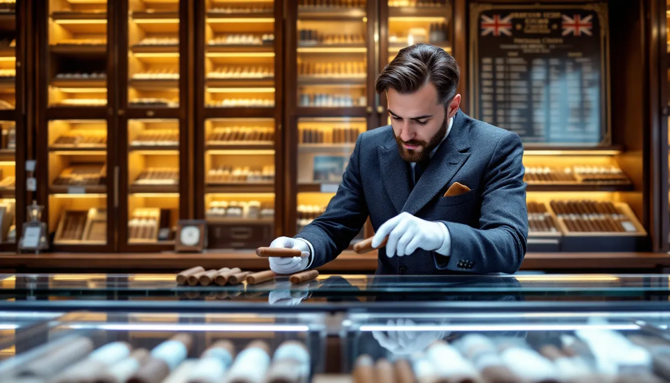 Tobacconist examining cigars in upscale British cigar shop with humidor displays