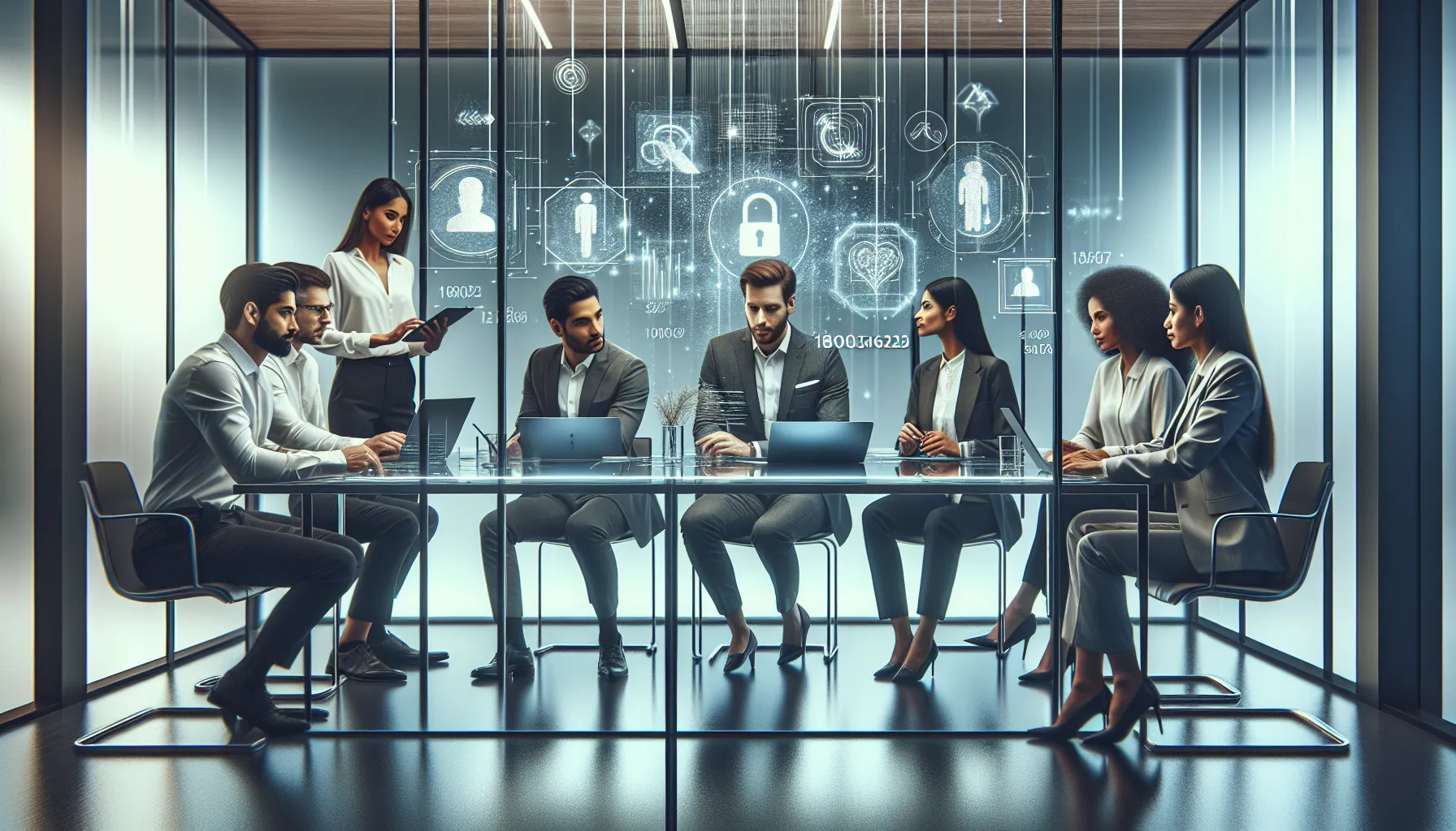 diverse team in a modern office discussing privacy and customer service.