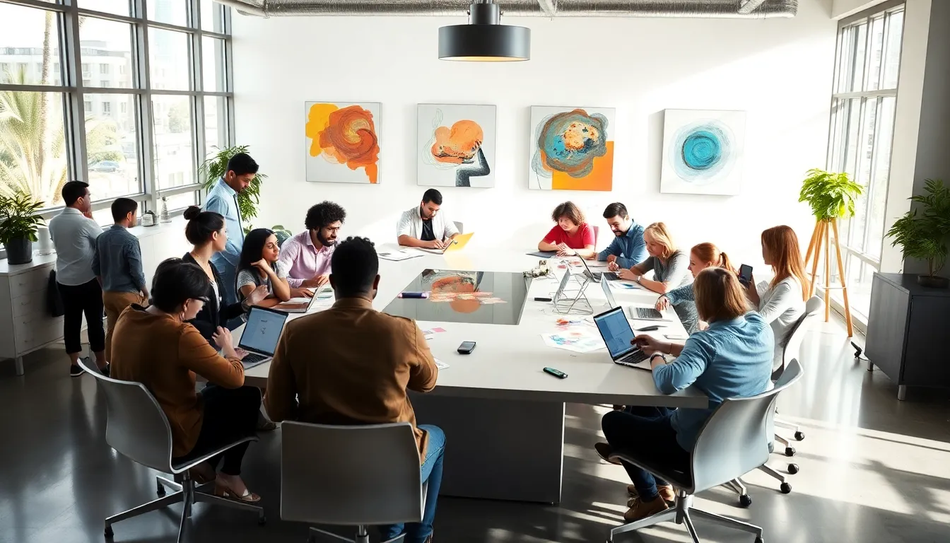 diverse group of creatives collaborating in a modern office.