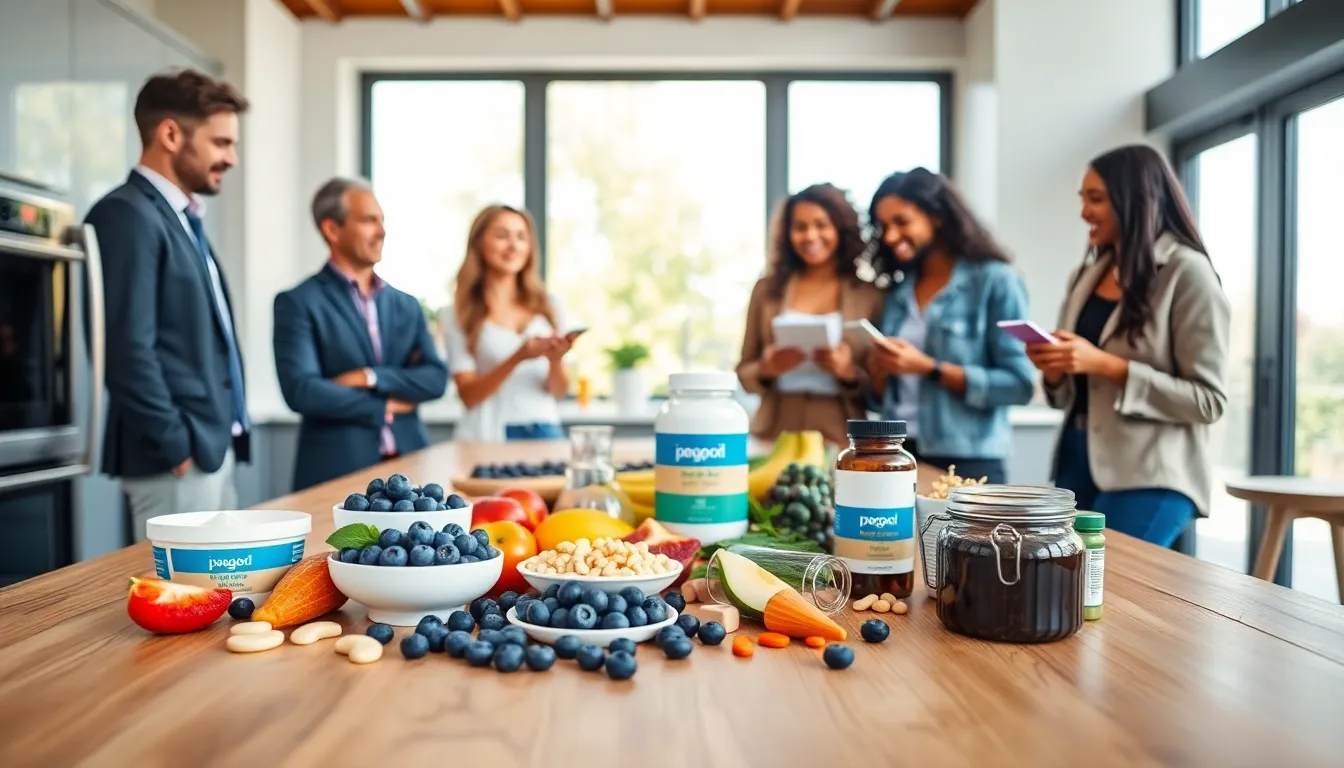 a modern kitchen with functional foods and diverse professionals discussing health trends.
