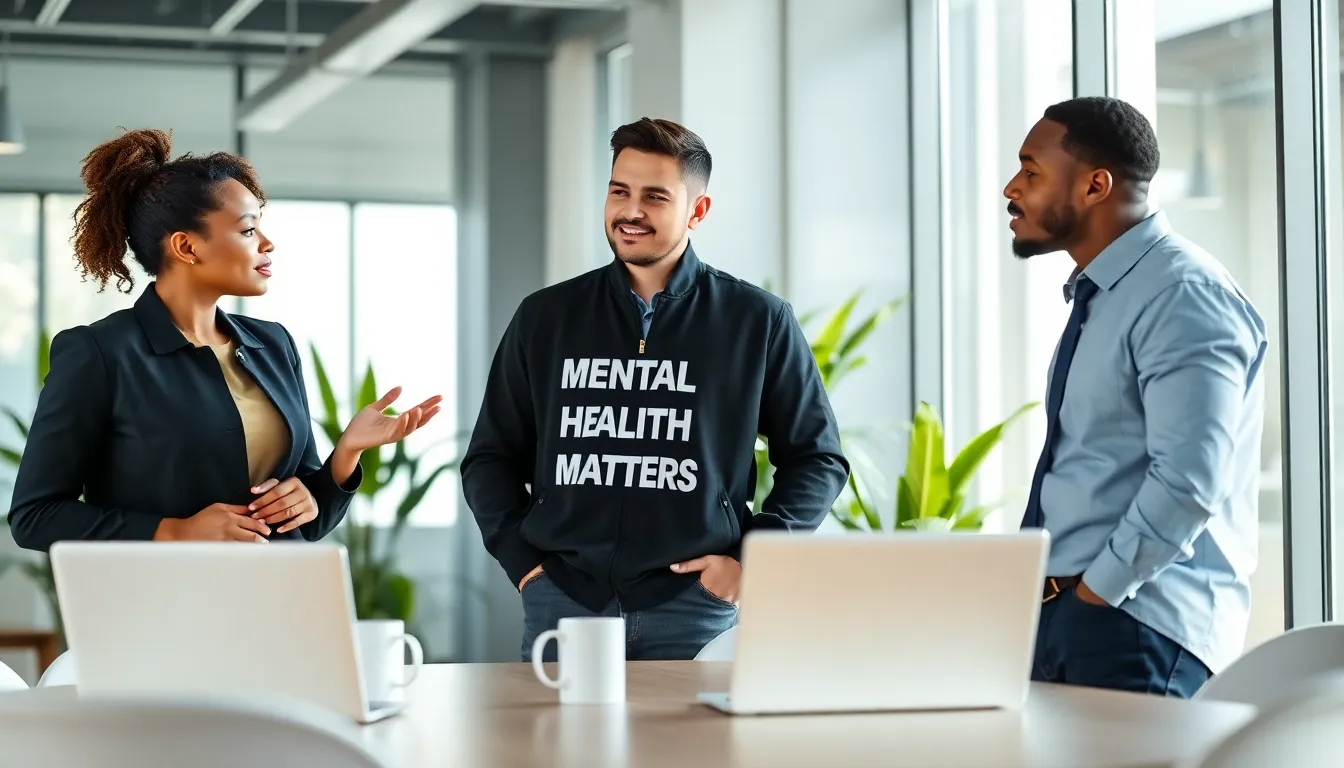 professionals discussing mental health in a modern office setting.