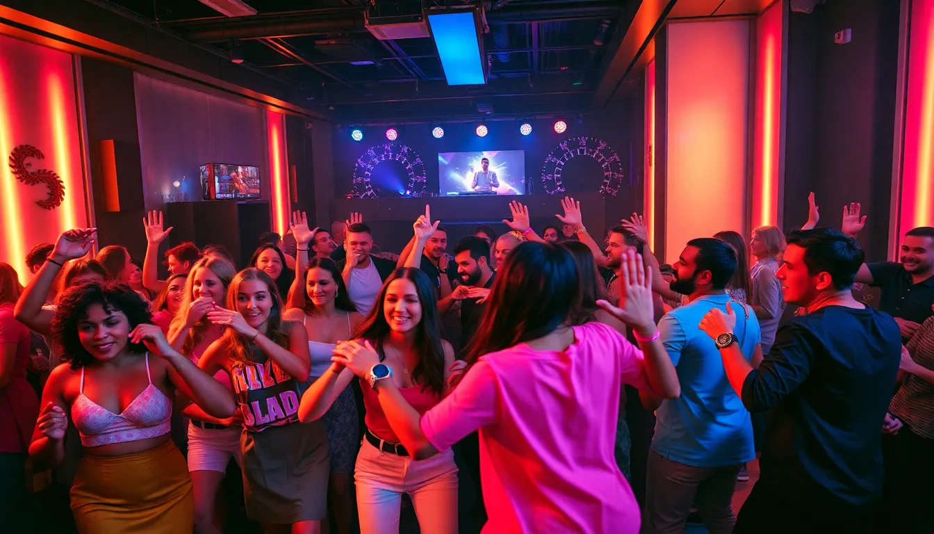 diverse crowd dancing in a vibrant nightclub setting.