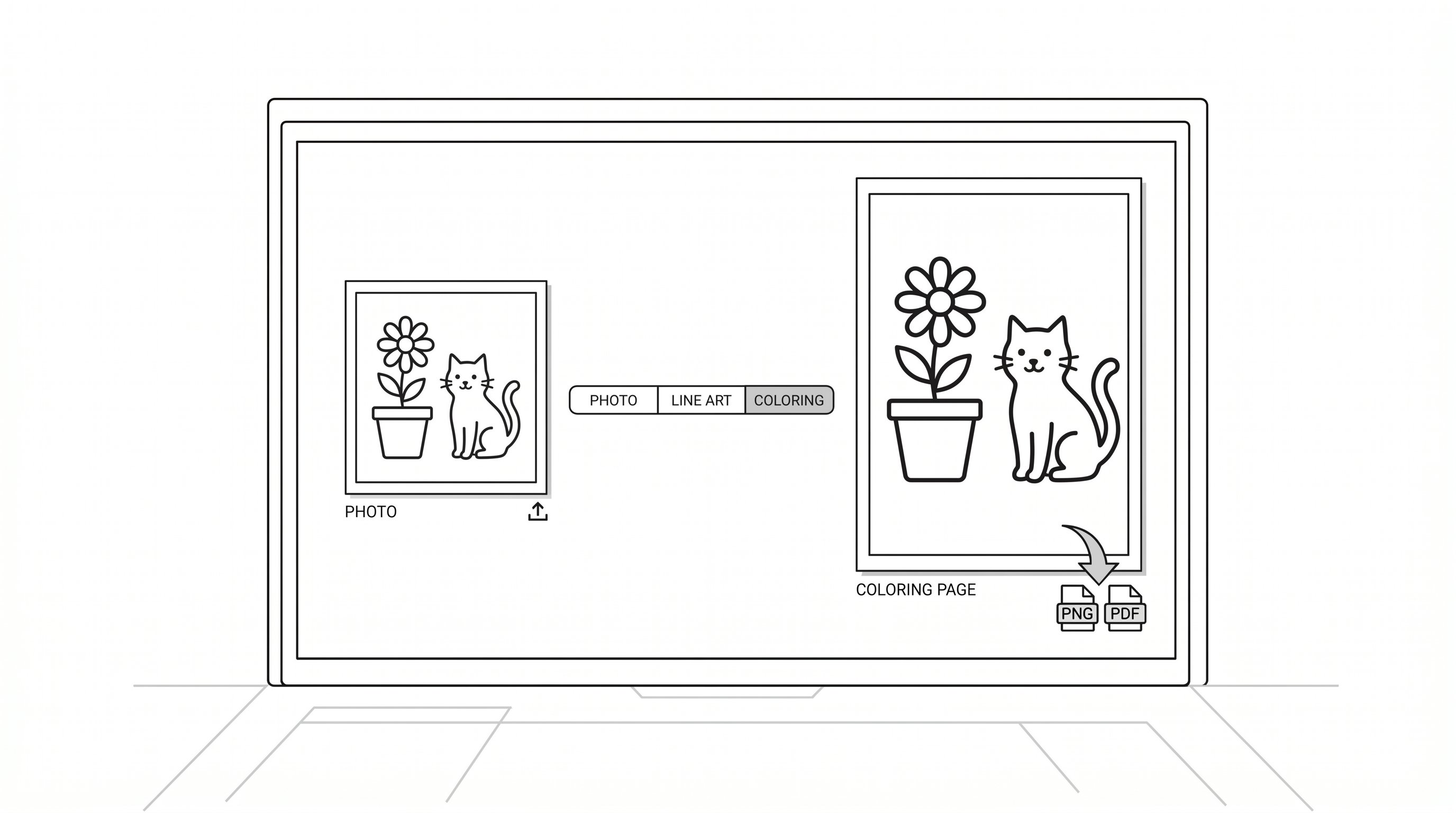 Phone screen turning a photo into a simple printable coloring page.