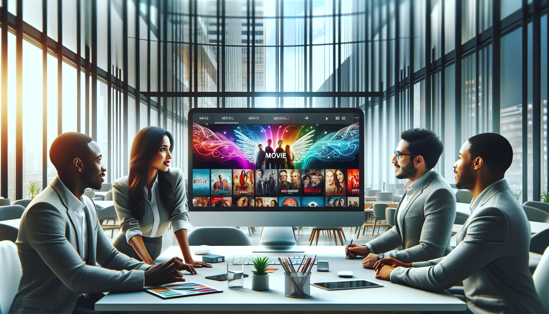 diverse group discussing Tamil movies in a modern office.