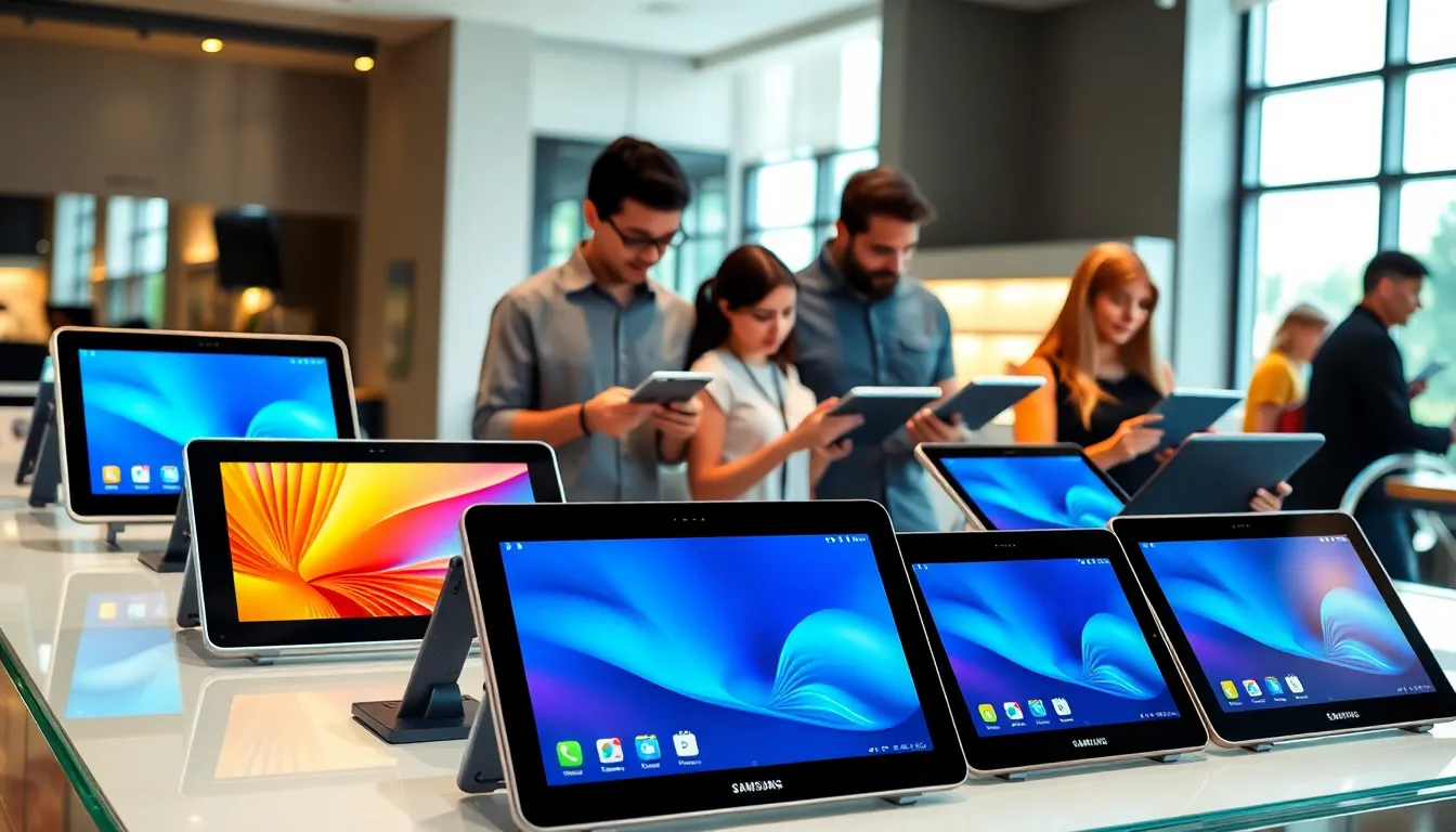 Samsung tablets displayed in a modern electronics store.