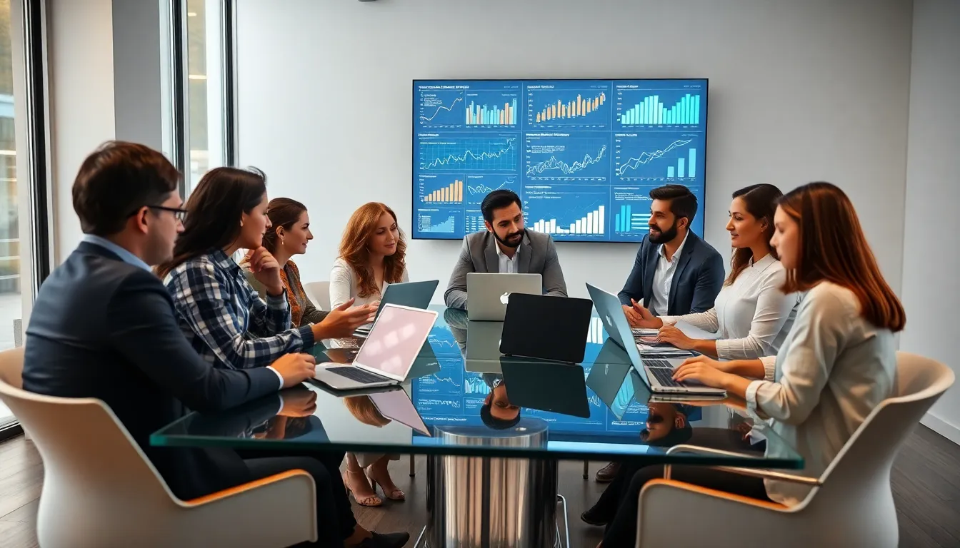 diverse team collaborating on digital marketing insights in a modern office.