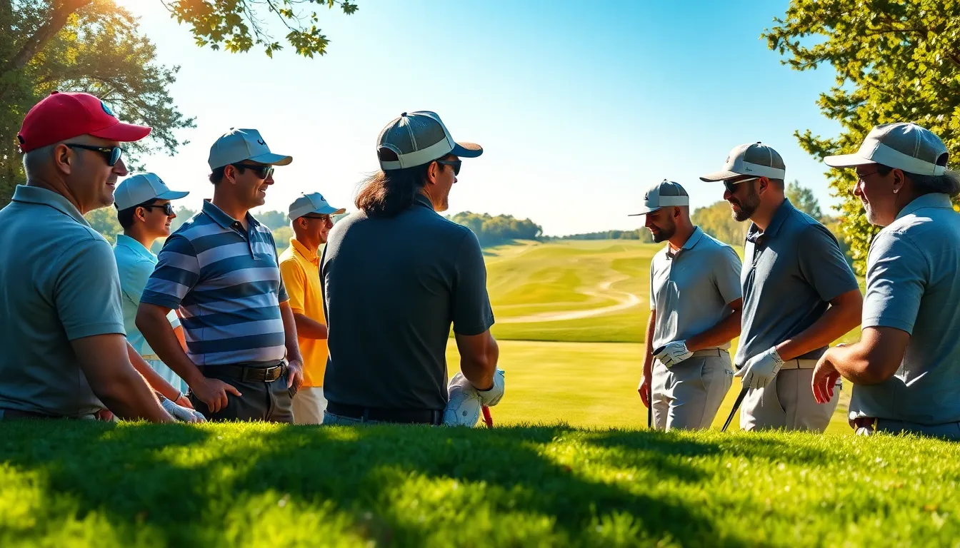 diverse golfers wearing stylish hats on a sunny golf course.