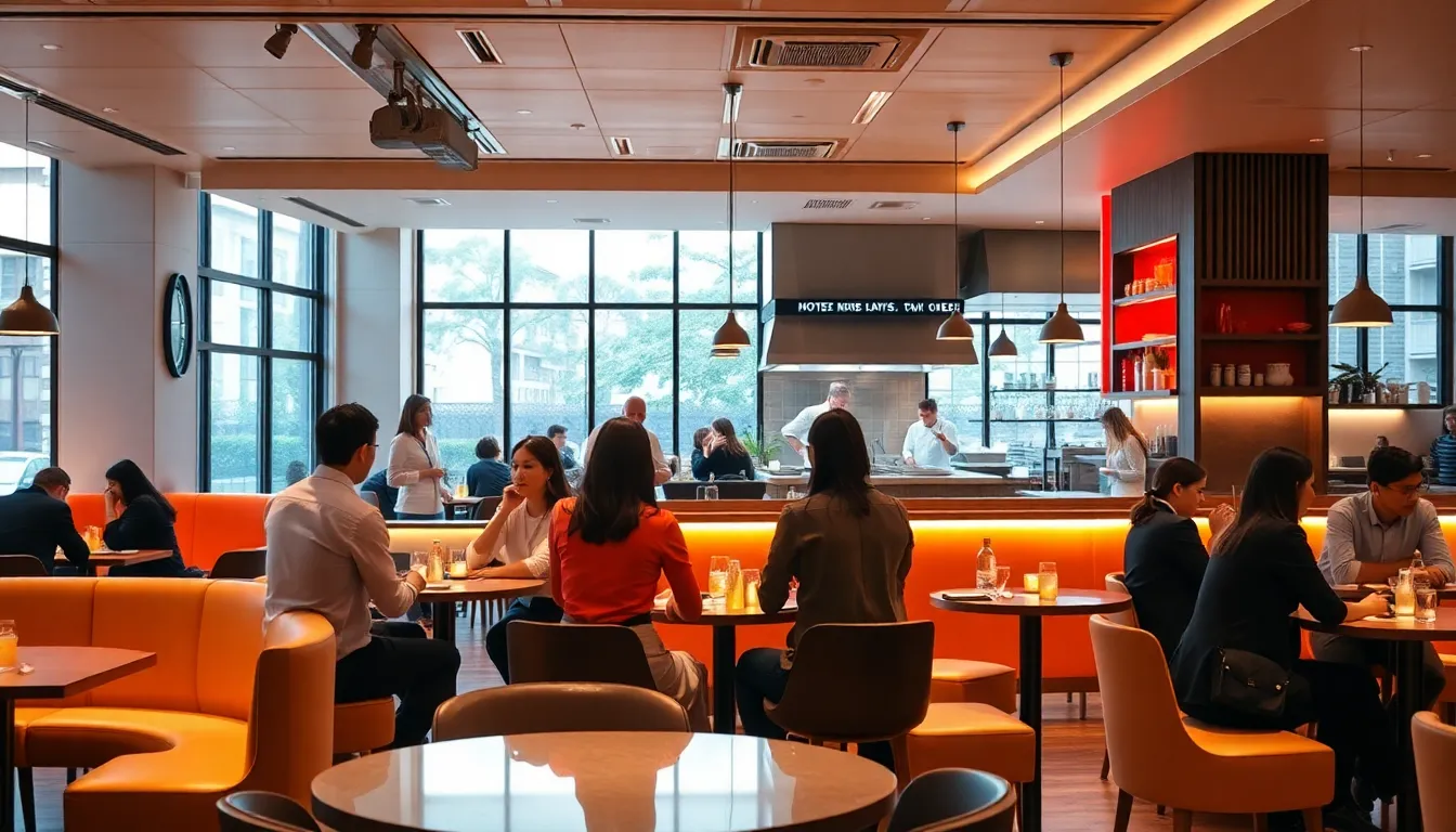 modern restaurant interior with diverse patrons enjoying their time.