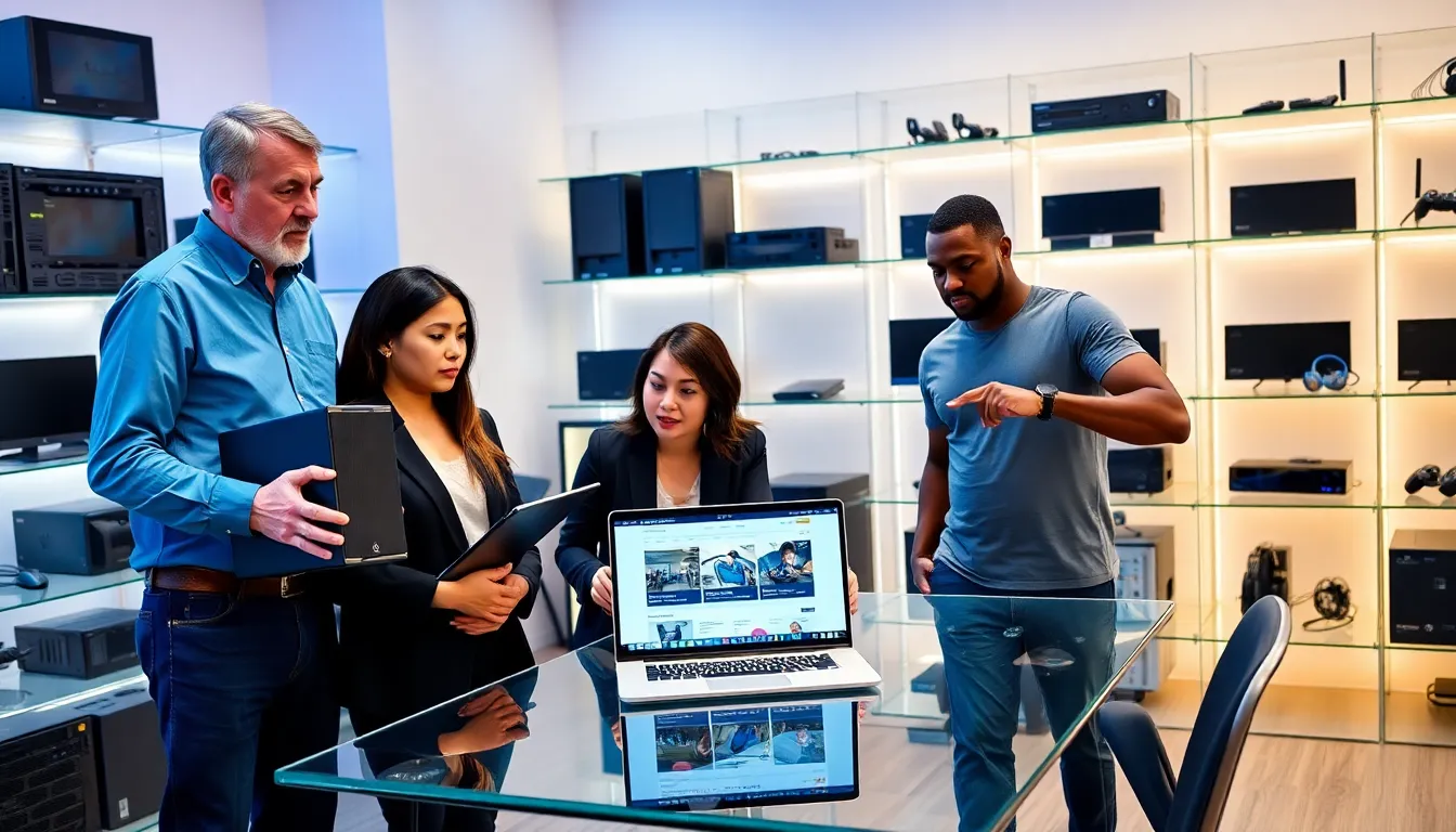 A diverse group evaluating hardware products in a modern technology showroom.