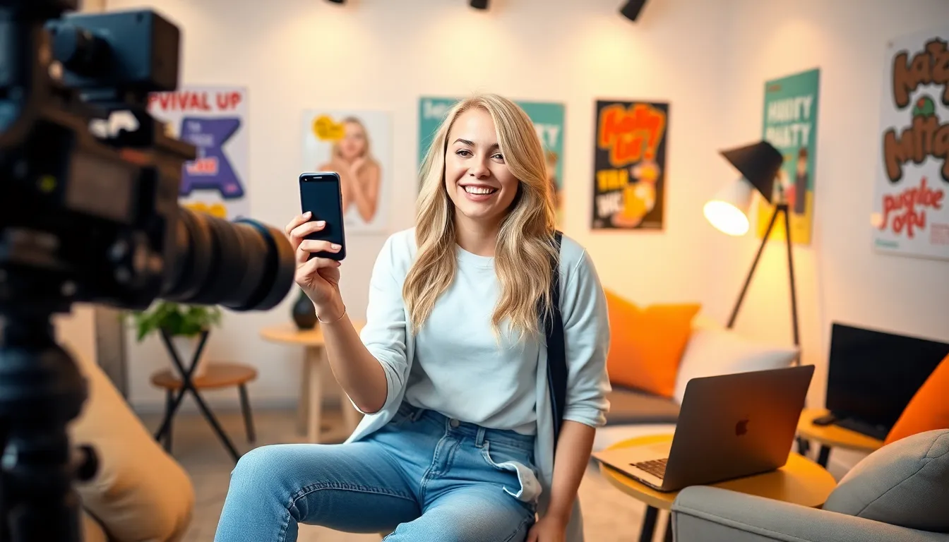 young blonde influencer in vibrant digital studio.