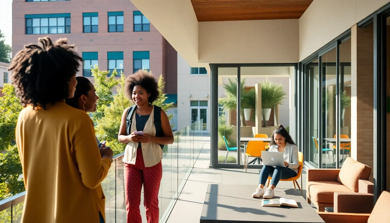 diverse students collaborating outside a university residence hall.