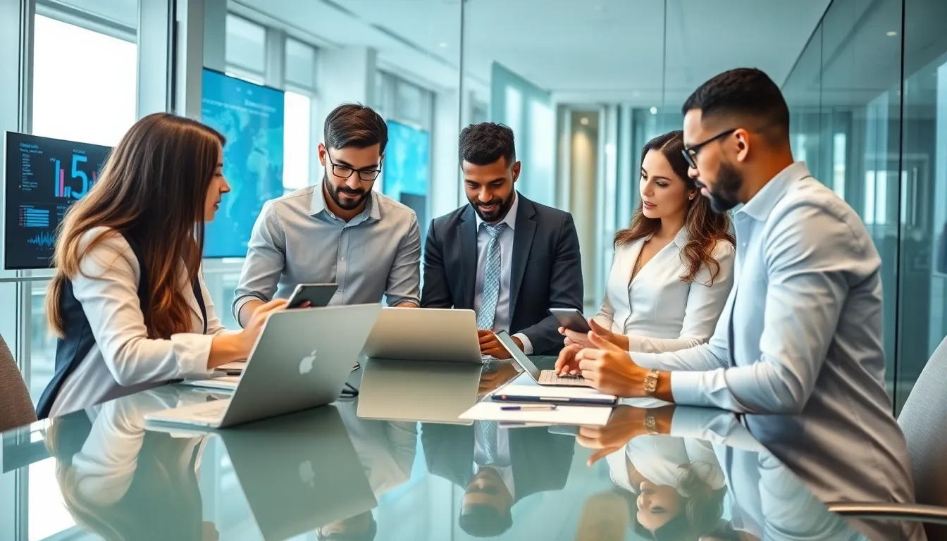 professionals analyzing data related to numerical identifiers in a modern office.