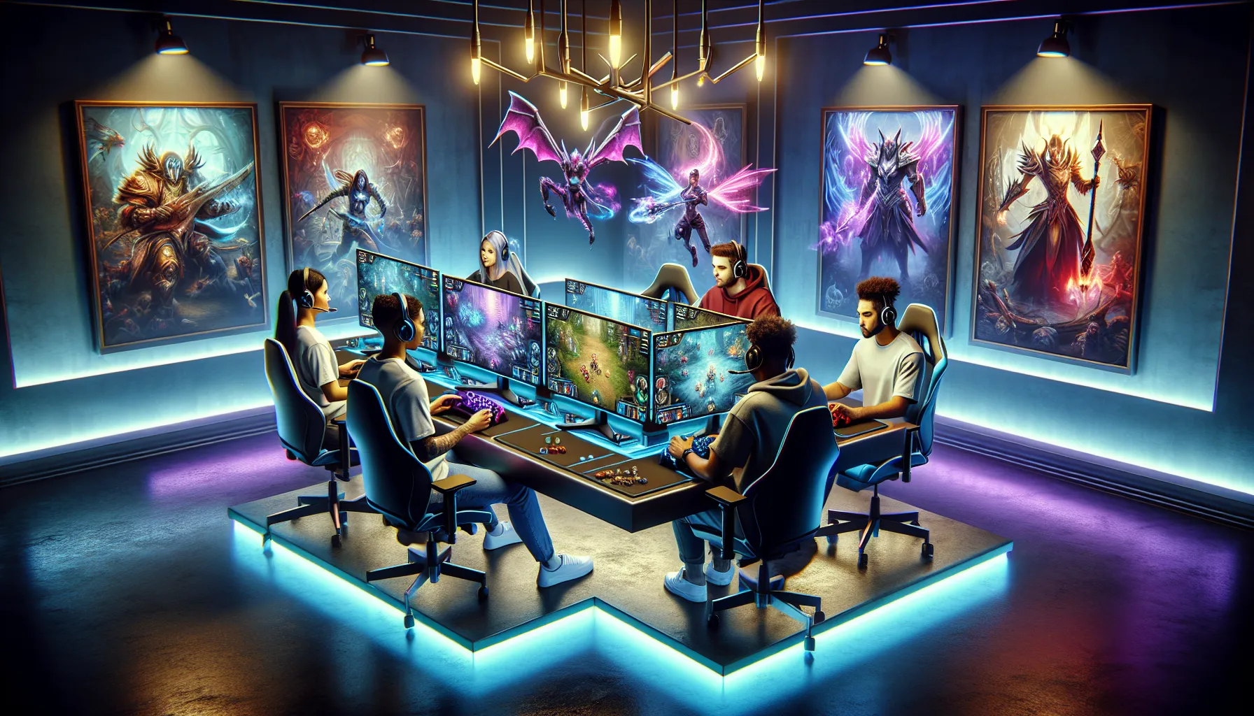 group of gamers intensely playing Diablo III in a modern setting.