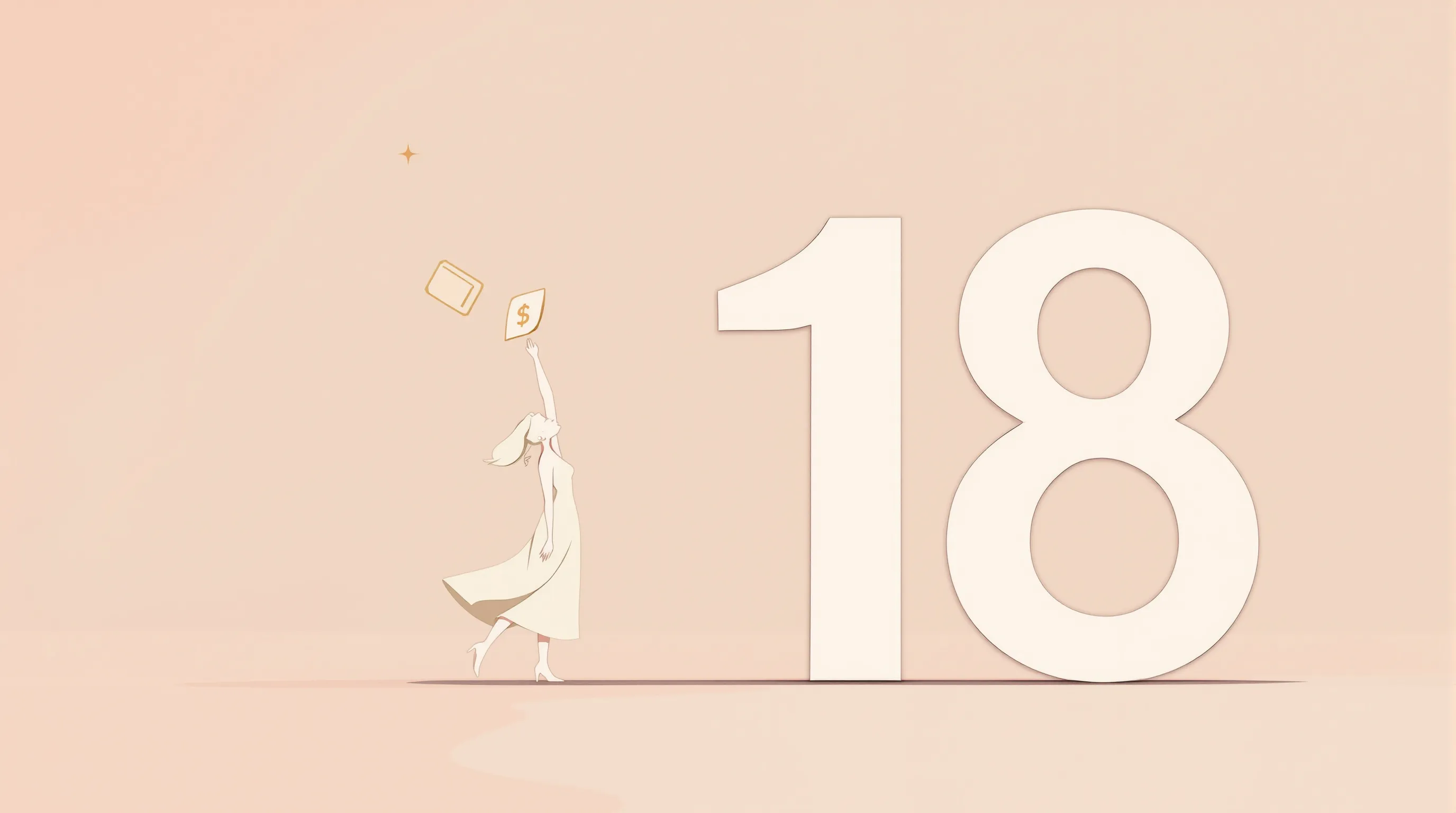 Young woman silhouette beside large number 18 with floating bill symbol on pastel background.
