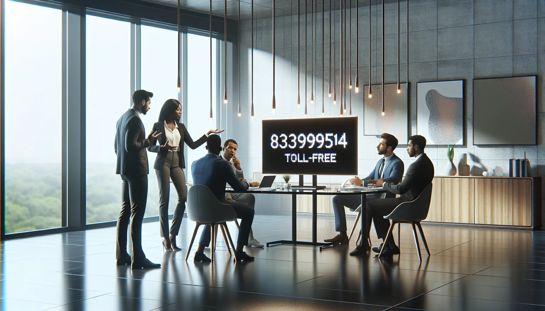 diverse team discussing toll-free number in a modern office.