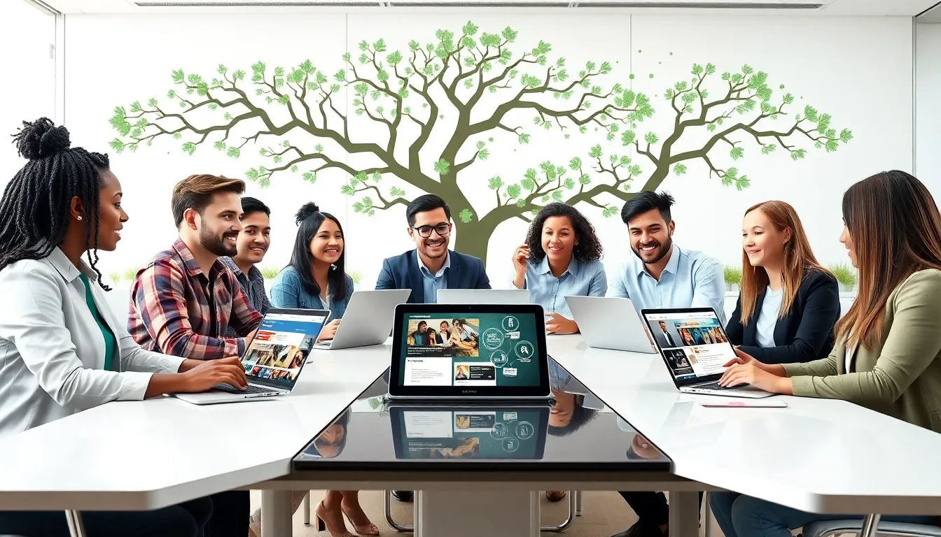 diverse professionals collaborating on digital content in a modern office.