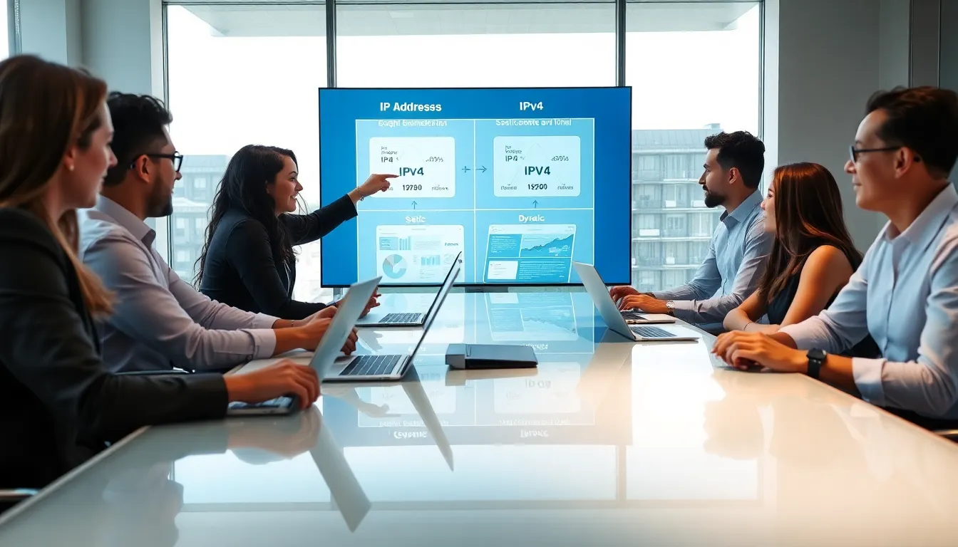 diverse IT team discussing IP addresses in a modern conference room.
