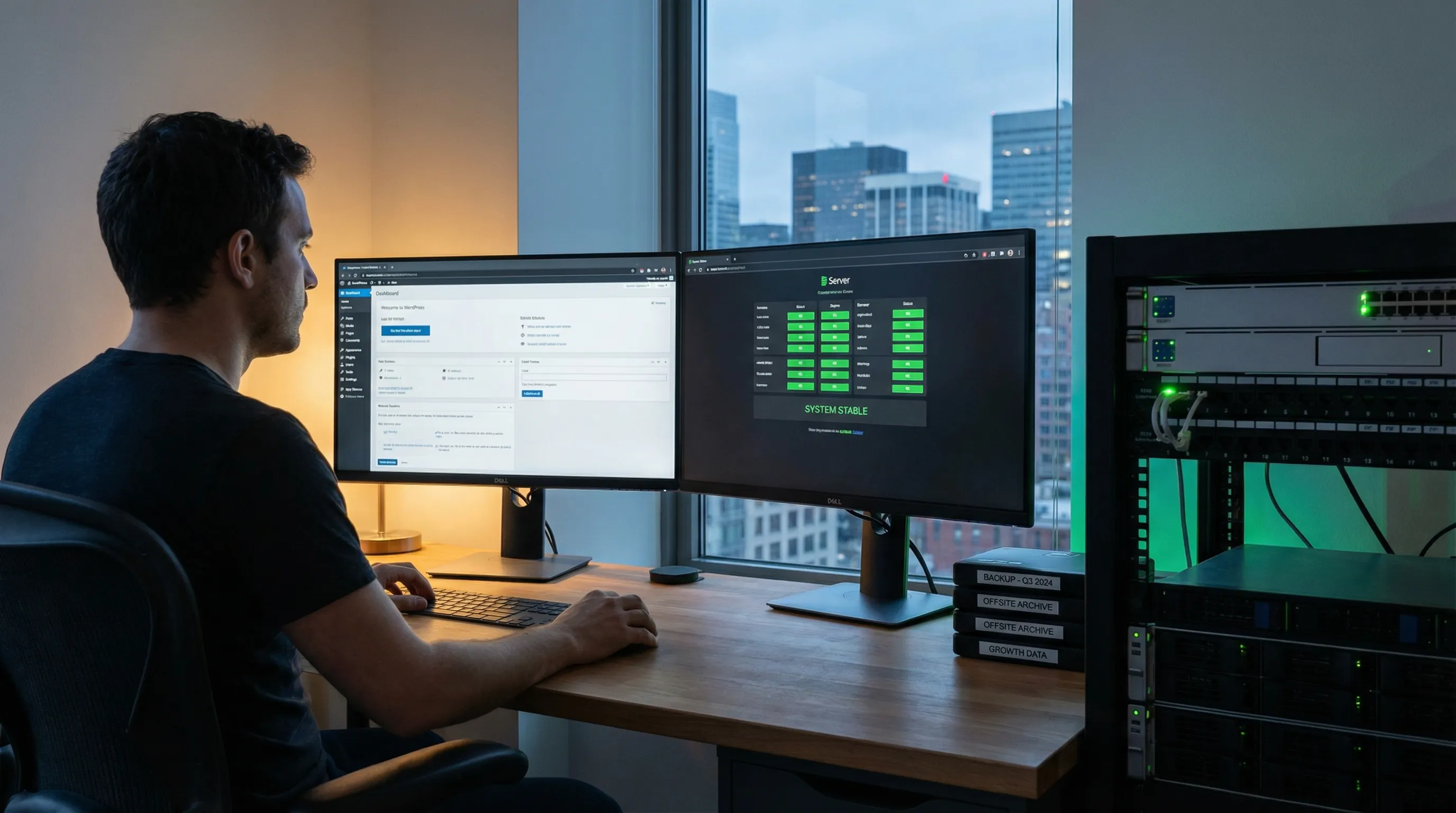 Developer overseeing a secure, stable WordPress environment on dual monitors with reliable network equipment nearby.