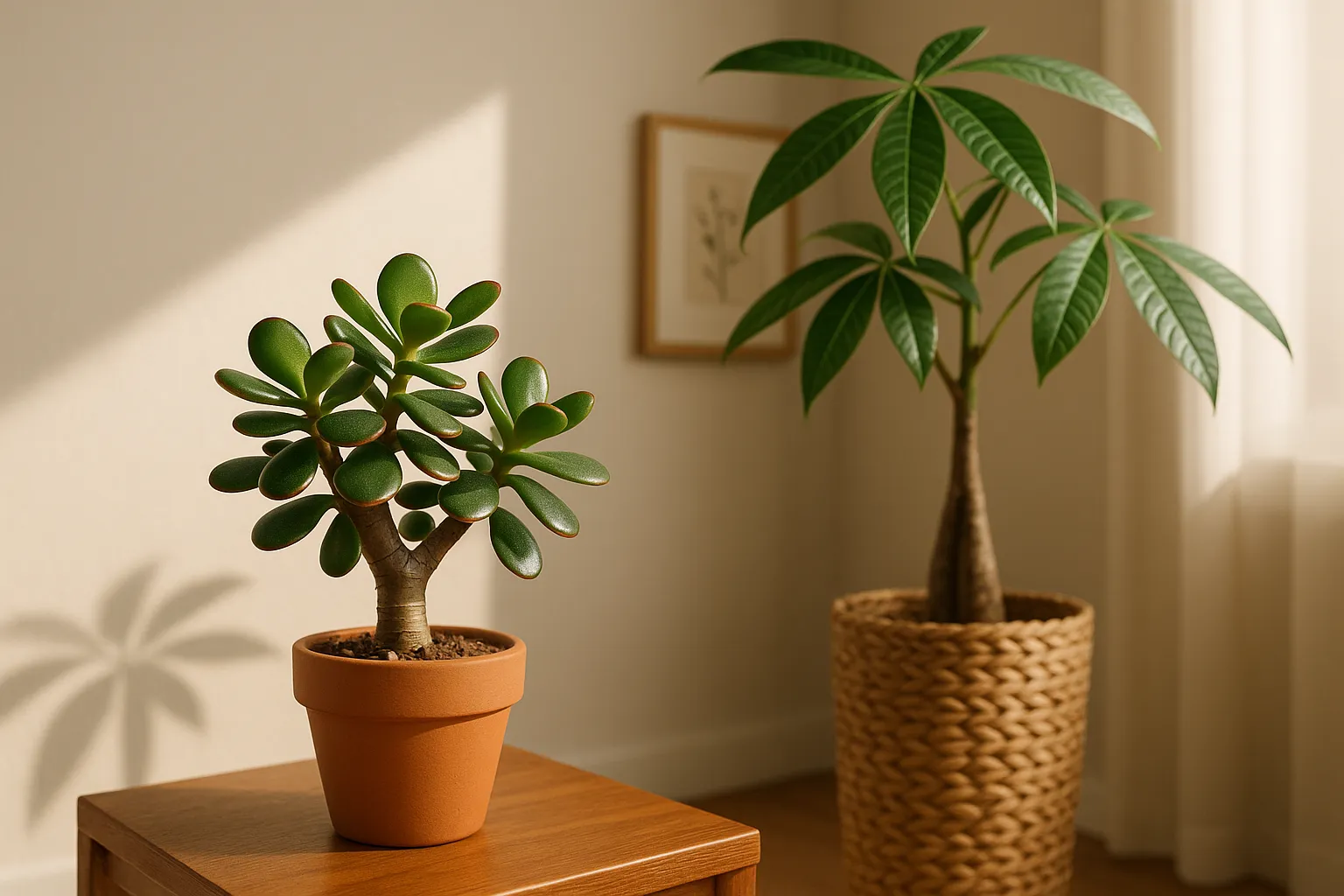 Jade plant with thick leaves in front, money tree with braided trunk behind.