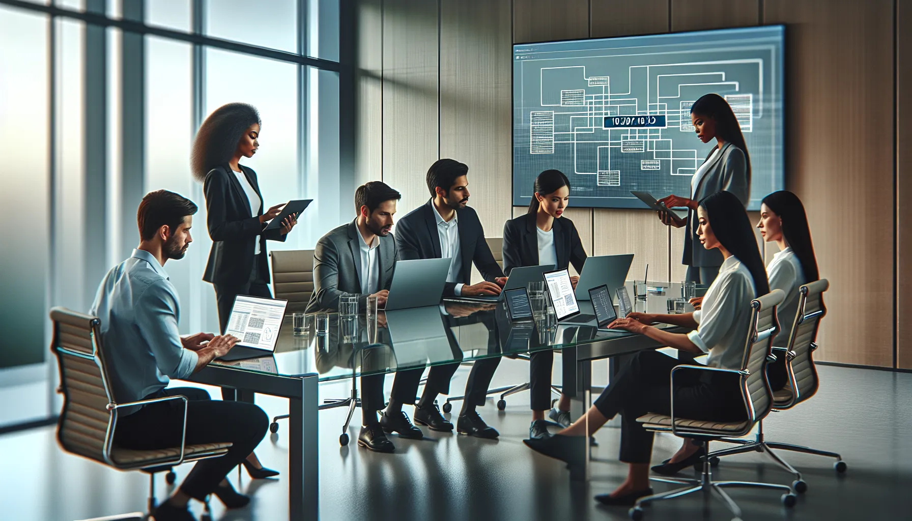 IT professionals discussing networking in a modern office.