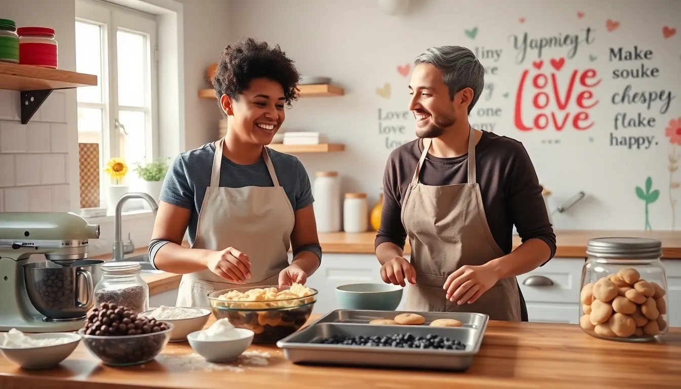 two friends baking cookies in a warm, inviting kitchen.