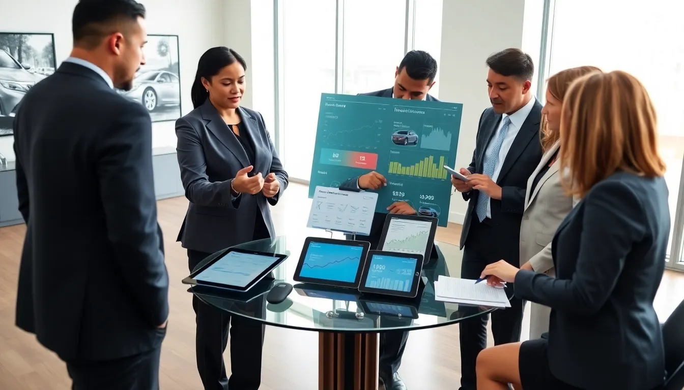 diverse insurance team discussing car insurance in a modern office.