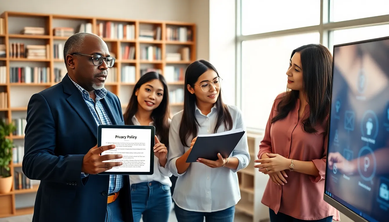 a diverse team discussing online privacy policies in a modern office.