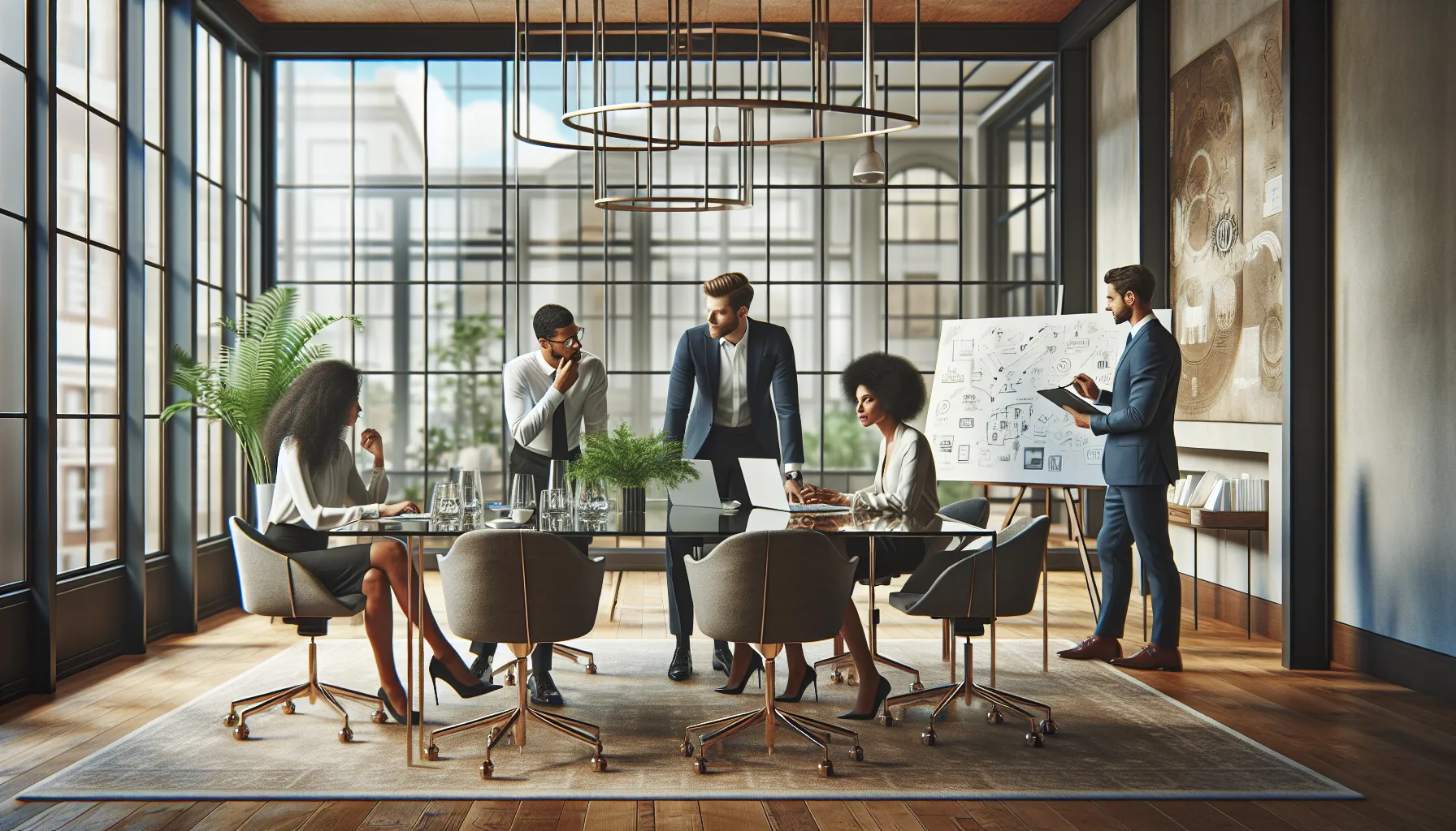 Diverse professionals collaborating in a modern office setting.